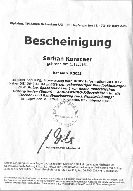 Bescheinigung für Serkan Karaca, ausgestellt am 3. Juli 2002.