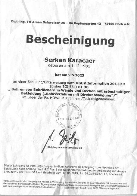 Bescheinigung für Serkan Karacaer, ausgestellt am 22.03.2023.