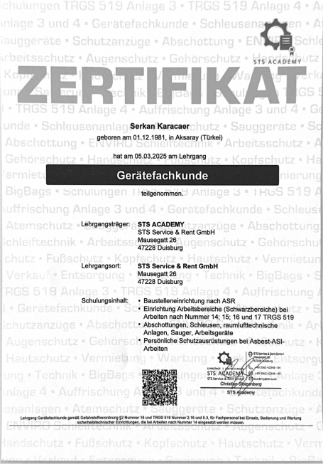Zertifikat mit Informationen zu den Leistungen und dem Aussteller.
