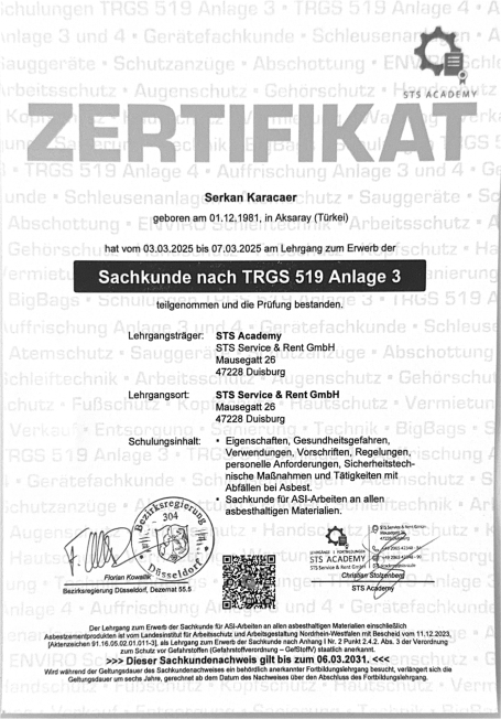 Zertifikat über die Sachkunde nach TRGS 511 Anlage 3, ausgestellt am 13.07.2023.