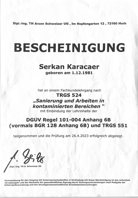 Zertifikat für Serkan Karaca, datiert 14. Januar 2003, mit verschiedenen Prüfungsdetails.