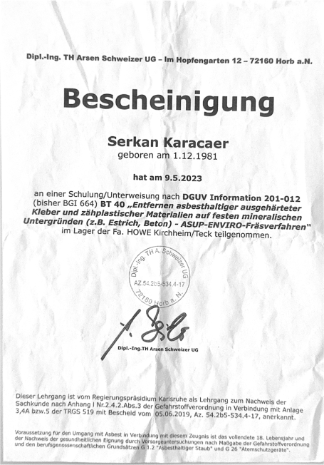 Bescheinigung für Serkan Karscioglu, ausgestellt am 8.6.2021, mit Unterschrift.
