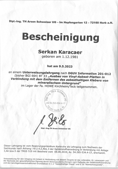 Bescheinigung für Serkan Karaca, ausgestellt am 8.6.2020, mit Unterschrift.